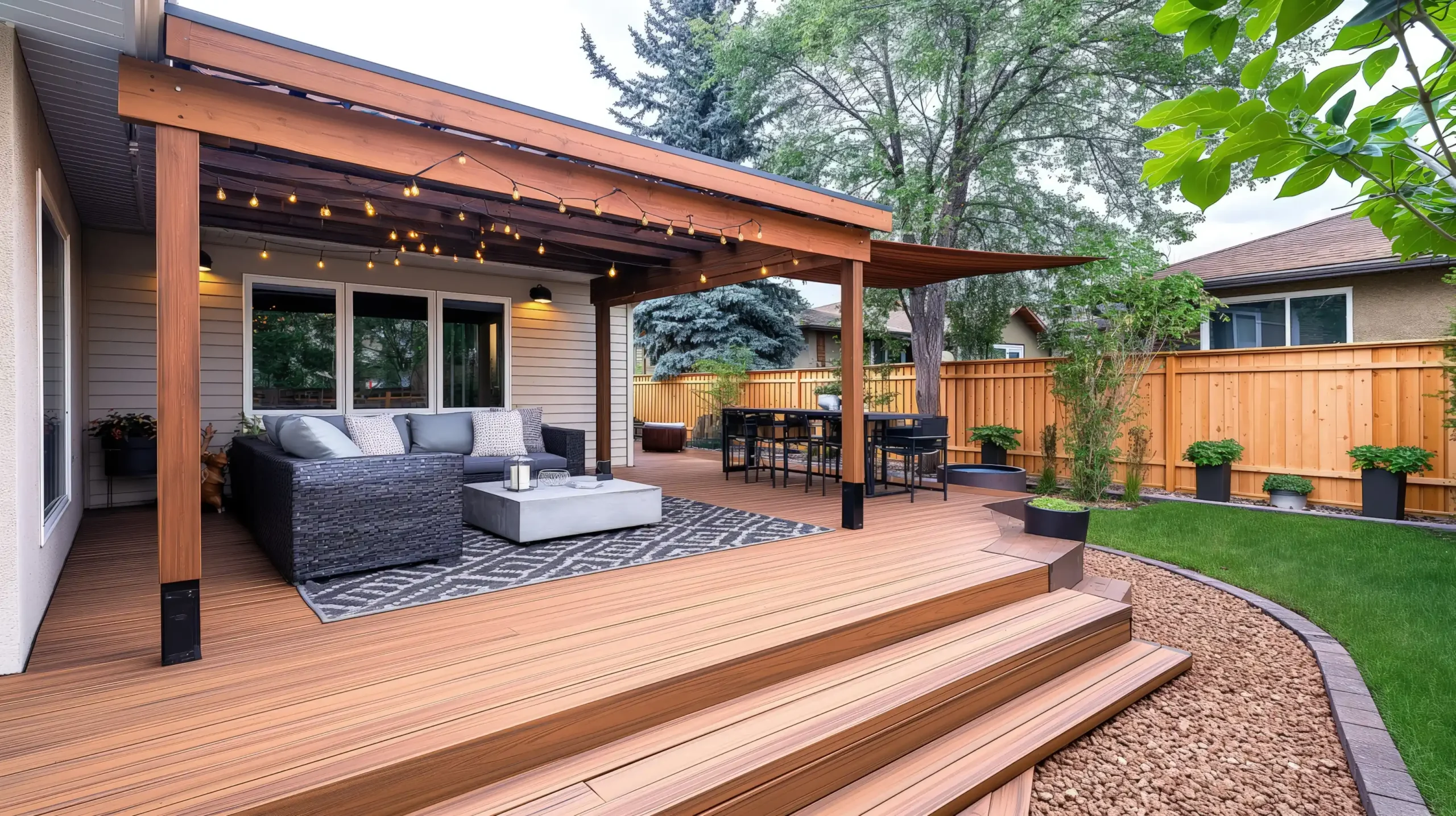 Backyard wooden decking.